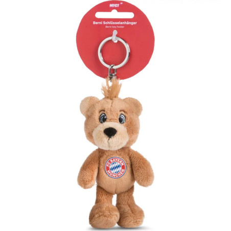 Plüschbär-Schlüsselanhänger mit Bayern-München-Logo an roter Karte und Metallring befestigt.