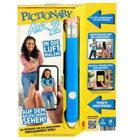 Pictionary Air 2: Verpackung mit Spielstift, App-Features und Personen, die in der Luft malen Ergebnisse am Handy.