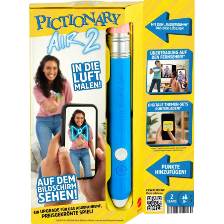 Pictionary Air 2: Verpackung mit Spielstift, App-Features und Personen, die in der Luft malen Ergebnisse am Handy.