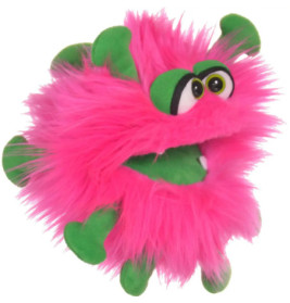 Ein rosa-grünes, zotteliges Puppenmonster mit großen Augen, grüner Zunge und stacheligem Fell.