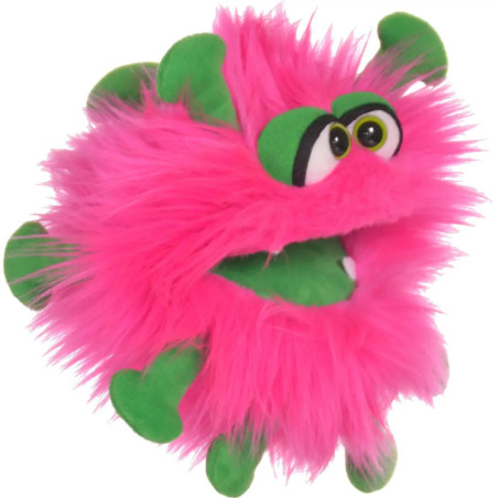 Ein rosa-grünes, zotteliges Puppenmonster mit großen Augen, grüner Zunge und stacheligem Fell.