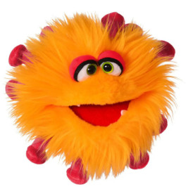 Plüschfigur mit leuchtend orangem Fell, roten Stacheln, großen Augen und offenem Mund mit sichtbarem Zahn.