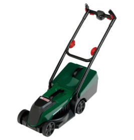 Grüner und schwarzer Elektromäher mit Grasfangbox und klappbarem Griff.