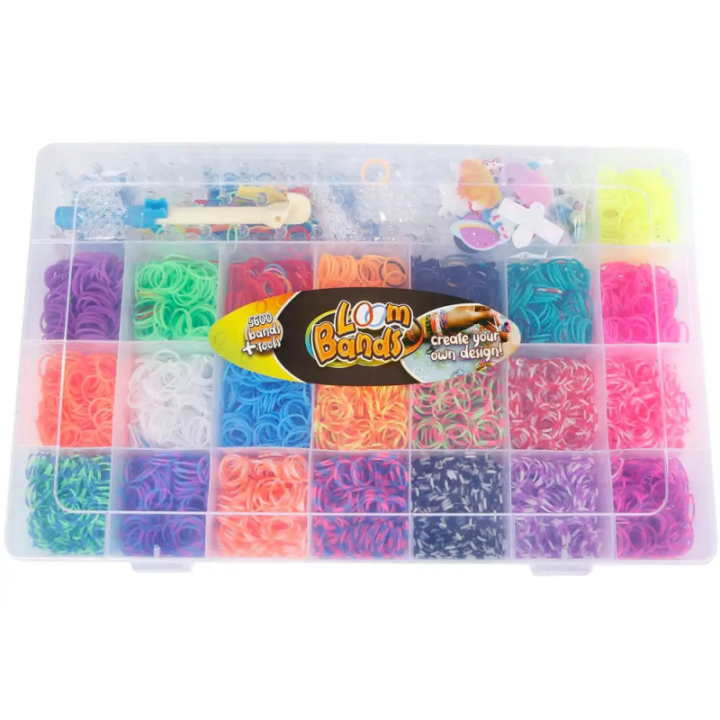Plastik-Organizer mit bunten Loom-Bändern und Bastelwerkzeugen, sortiert in separaten Fächern. Plastik-Organizer mit bunten Loom-Bändern und Bastelwerkzeugen, sortiert in separaten Fächern.
