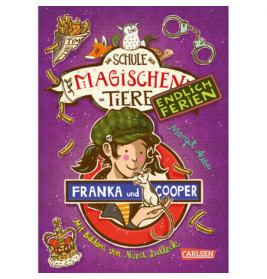 Buntes deutsches Buchcover mit Mädchen, Maus und magischen, verspielten Illustrationen auf lila Hintergrund.