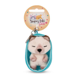 Plüsch-Schlüsselanhänger: Schlafender Hund in blauer Decke mit Sleeping Pets NICI-Aufschrift.