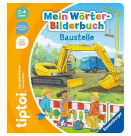Kinder beobachten Bagger und Lastwagen auf einer bunten Baustelle auf einem Buchcover.
