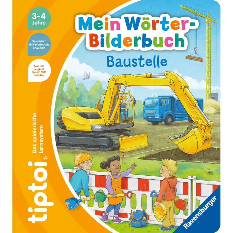 Kinder beobachten Bagger und Lastwagen auf einer bunten Baustelle auf einem Buchcover.