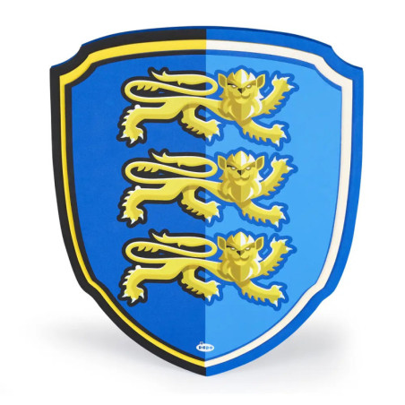 Blaues Schild mit drei gelben Löwen und auffälligem gelb-weiß-blauem Rand.