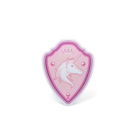 Pinker schildförmiger Badge mit Einhornkopf und Krone, verziert mit hell- und dunkelrosa Details. Pinker schildförmiger Badge mit Einhornkopf und Krone, verziert mit hell- und dunkelrosa Details.