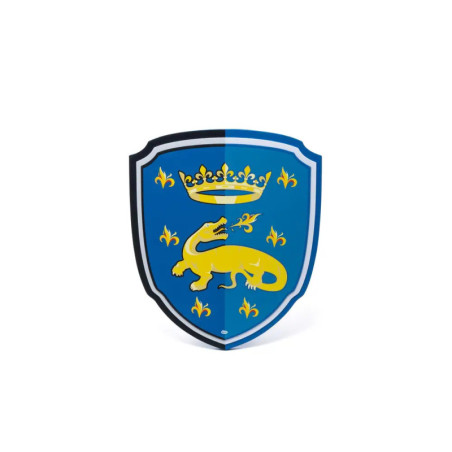 Blaues Schild mit gelb gekröntem Salamander und Fleur-de-Lis-Symbolen.
