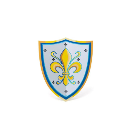 Blau-gelbes Schild mit großer Lilienblüte in der Mitte und kleinen Lilienmustern ringsum.