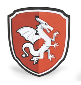 Ein weißer Drache auf rotem Schild mit schwarz-weißer Umrandung.