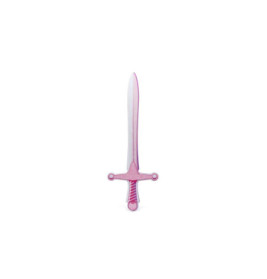 Ein rosa-weißes Spielzeugschwert mit schlichtem Parier, abgebildet vor weißem Hintergrund.