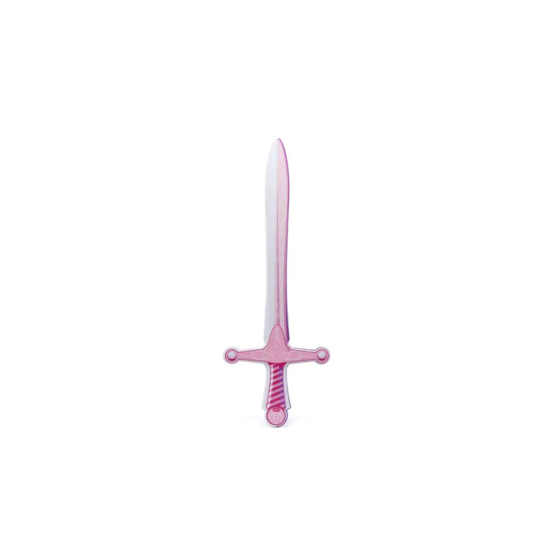 Ein rosa-weißes Spielzeugschwert mit schlichtem Parier, abgebildet vor weißem Hintergrund.