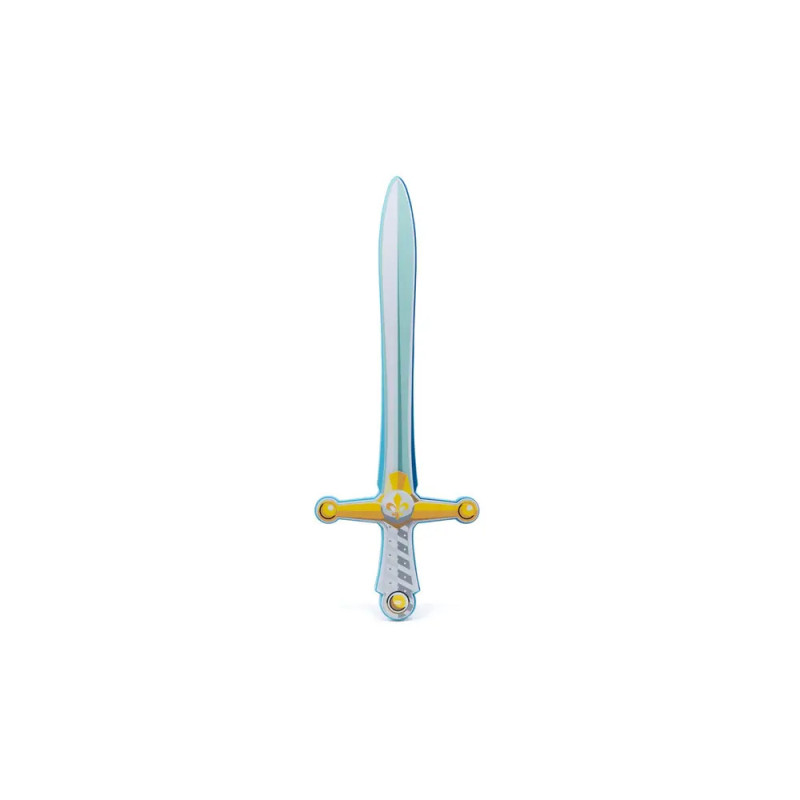 Cartoon-Schwert mit blauer Klinge, gelb-silbernem Griff auf weißem Hintergrund. Cartoon-Schwert mit blauer Klinge, gelb-silbernem Griff auf weißem Hintergrund.