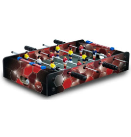 Tischfußballspiel mit roten und gelben Spielfiguren, schwarzen Griffen und rot gemustertem Sechseck-Design.