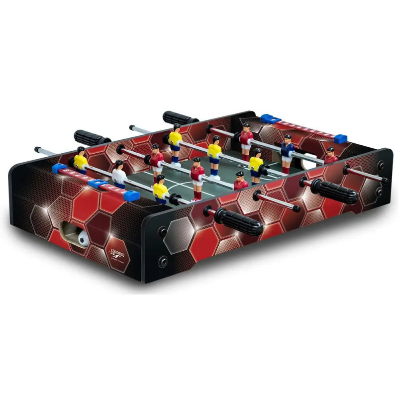 Tischfußballspiel mit roten und gelben Spielfiguren, schwarzen Griffen und rot gemustertem Sechseck-Design. Tischfußballspiel mit roten und gelben Spielfiguren, schwarzen Griffen und rot gemustertem Sechseck-Design.