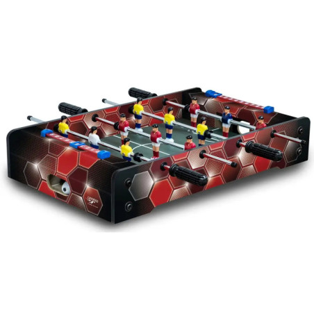 Tischfußballspiel mit roten und gelben Spielfiguren, schwarzen Griffen und rot gemustertem Sechseck-Design. Tischfußballspiel mit roten und gelben Spielfiguren, schwarzen Griffen und rot gemustertem Sechseck-Design.