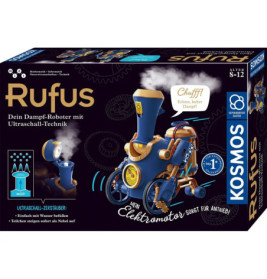 Verpackung des Rufus-Dampftromer-Kits: blaugoldener Roboterzug mit Dampfeffekten, für 8- bis 12-Jährige.