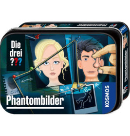 Spielschachtel mit gezeichneten Gesichtern, Fotos und Werkzeugen für Phantombilder Aufschrift: Phantombilder.