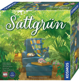 Bunte Sattgrün-Spielschachtel zeigt ein gemütliches Zimmer mit Pflanzen, Sessel, Katze und Sonnenlicht.