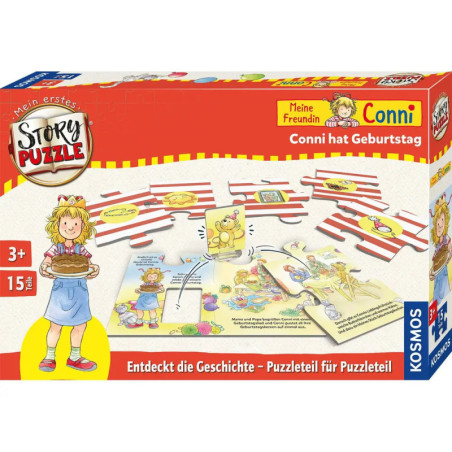 Box Conni hat Geburtstag-Puzzle mit abgebildeten Puzzleteilen und Conni, die vorne eine Torte hält. Box Conni hat Geburtstag-Puzzle mit abgebildeten Puzzleteilen und Conni, die vorne eine Torte hält.