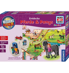 Puzzlebox für Kinder ab 5 Jahren mit 54 Teilen, zeigt Pferde, Ponys, Kinder und eine Bauernhofszene.