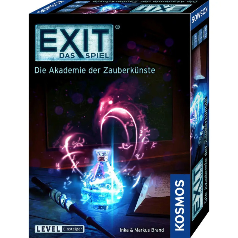 Boxcover von EXIT: Die Akademie der Zauberkünste mit leuchtendem Trank, Zauberstab und Buch auf einem Tisch.