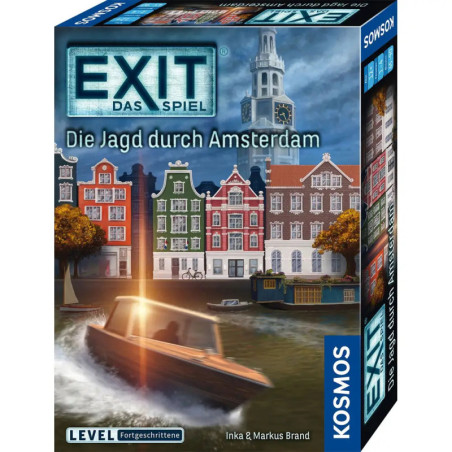 EXIT: Die Jagd durch Amsterdam - Brettspiel mit Boot auf Kanal und bunten Gebäuden auf dem Spielekarton.