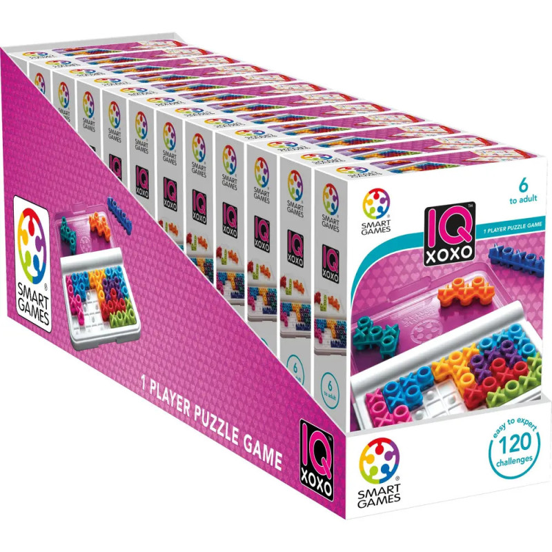 Displaybox mit mehreren IQ XOXO Einzelspiel-Puzzleboxen, bunten Spielsteinen und Smart Games Logo.