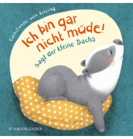 Schläfriger Dachs auf gelbem Sternenkissen, dazu deutscher Buchtitel und Autor.
