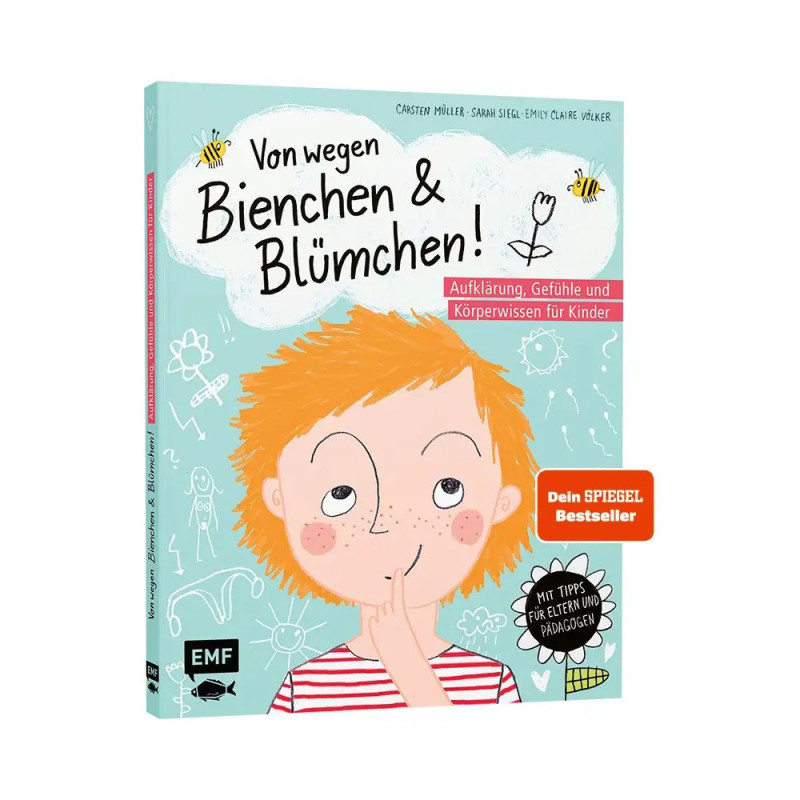 Kinderbuchcover mit gezeichnetem Kind und deutschem Titel Von wegen Bienchen & Blümchen!.
