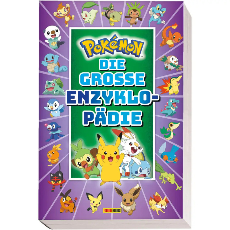 Cover einer deutschen Pokémon-Enzyklopädie mit mehreren Pokémon auf lila Hintergrund.