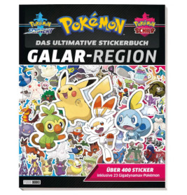 Cover eines Pokémon-Stickerbuchs mit Pikachu, Grookey, Scorbunny, Sobble und vielen bunten Stickern.