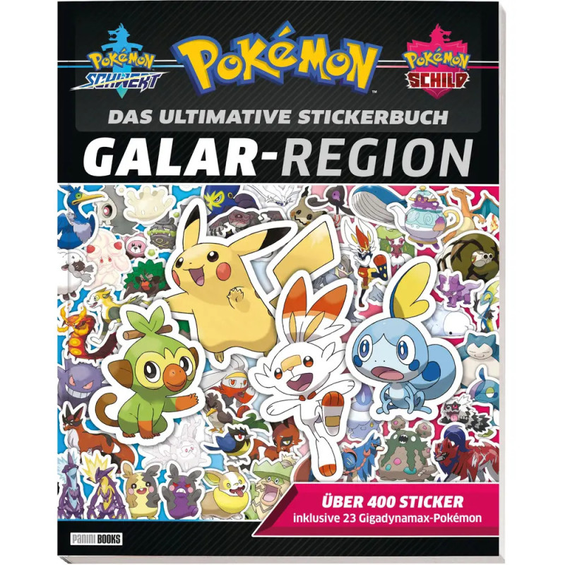 Cover eines Pokémon-Stickerbuchs mit Pikachu, Grookey, Scorbunny, Sobble und vielen bunten Stickern.