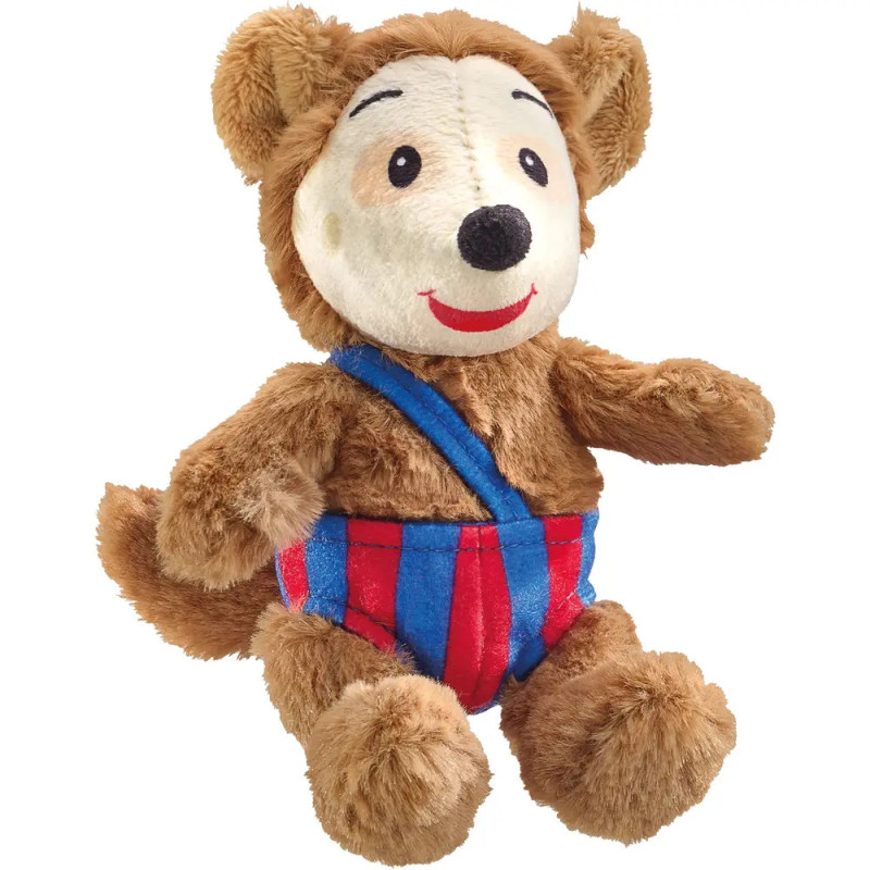 Plüsch-Braunbär mit rot-blau gestreifter kurzer Hose, blauem Träger und lächelndem Gesicht.
