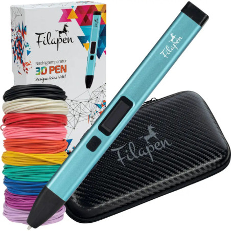 3D-Pen-Set mit buntem Filament, blauem 3D-Stift, Filapen-Etui und Verpackung.