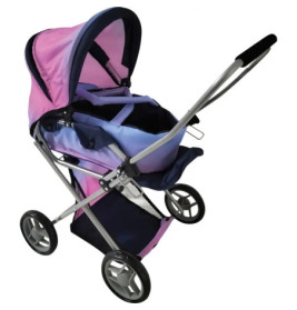 Lila-pinker Spielzeugkinderwagen mit Verdeck, vier Rädern und schwarzem Griff.
