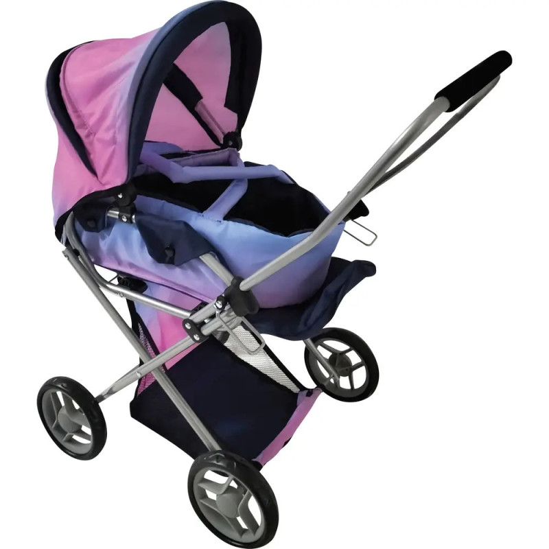 Lila-pinker Spielzeugkinderwagen mit Verdeck, vier Rädern und schwarzem Griff. Lila-pinker Spielzeugkinderwagen mit Verdeck, vier Rädern und schwarzem Griff.