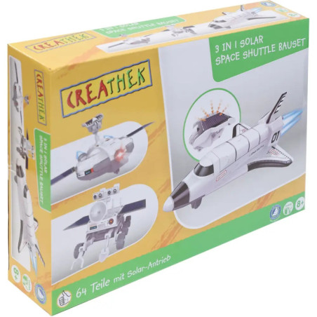 Verpackung eines 3-in-1 Solar-Raumschiffmodell-Sets mit Shuttle-, Roboter- und Flugzeugoptionen.