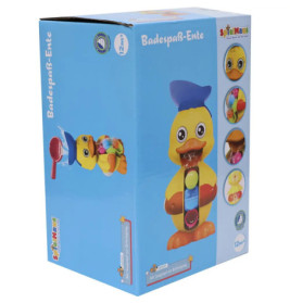 Blaue Box mit Bade-Entenspielzeug mit blauem Hut, Aufschrift Badespaß-Ente und Produktabbildungen.