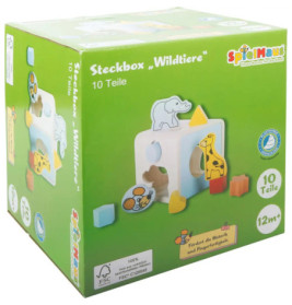 Grüne SpielMaus-Box mit Formsortierer und Tierfiguren, geeignet ab 12 Monaten.