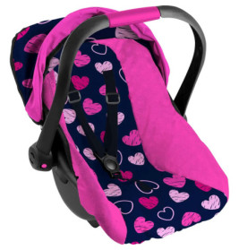 Babyschalenbezug in Pink und Marine mit Herzmuster sowie leuchtend pinkem Rand und Verdeck.