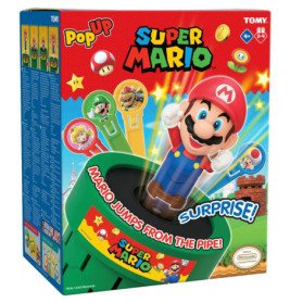 Super Mario Brettspiel-Box mit Mario, der aus einer grünen Röhre springt, und bunten Spielfiguren.