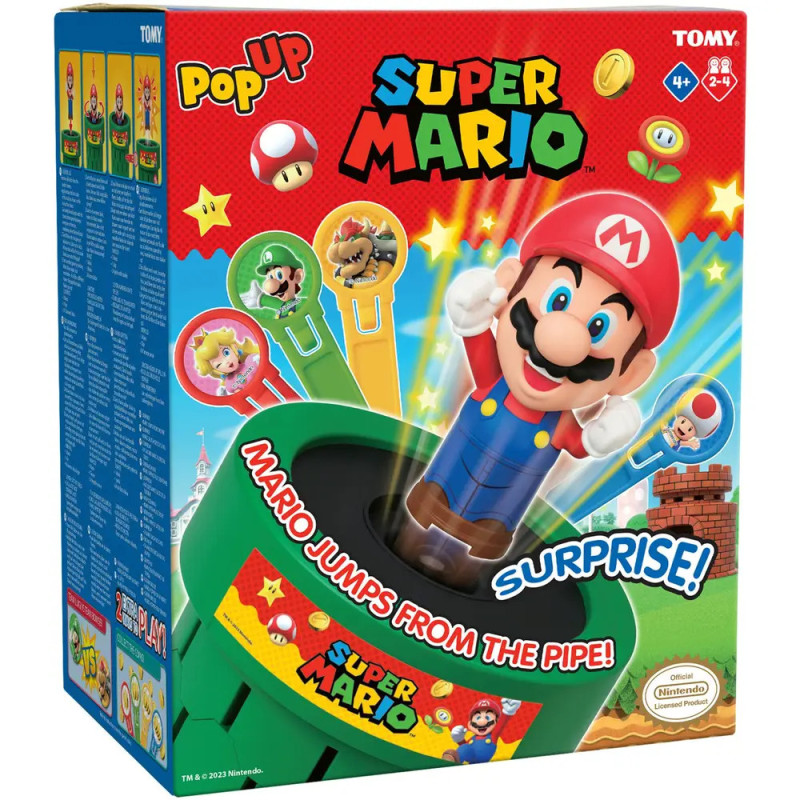 Super Mario Brettspiel-Box mit Mario, der aus einer grünen Röhre springt, und bunten Spielfiguren.