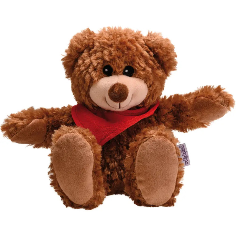 Ein brauner Teddybär mit rotem Halstuch sitzt frontal, Arme geöffnet und Pfoten sichtbar. Ein brauner Teddybär mit rotem Halstuch sitzt frontal, Arme geöffnet und Pfoten sichtbar.