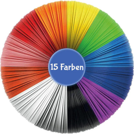 Kreisförmiger Fächer mit 15 Farbfeldern, mittig 15 Farben, auf blauem Kreis.