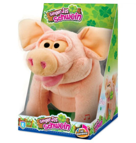 Plüschiges rosa Schwein mit großen Ohren in bunter Singer Jas Schwein Box mit Kleeblattdekor.