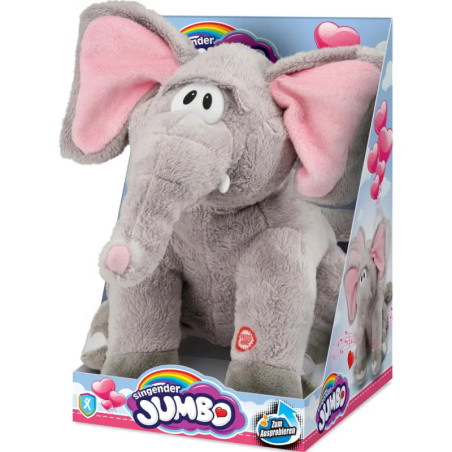 Grauer Plüschelefant mit rosa Ohren sitzt in bunter Verpackung mit der Aufschrift Singender Jumbo.